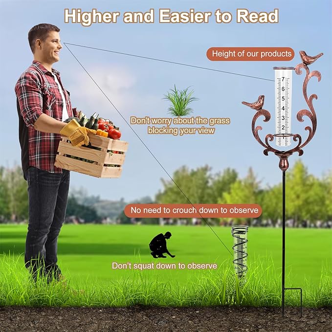 Rain Gauge Outdoor, Cast Iron Bird Rain Gauge - 7" Capacity Plastic Rain Gauge Freeze Proof with Metal Stake Decorative for Garden Yard Patio & Lawn with Large Readable Numbers