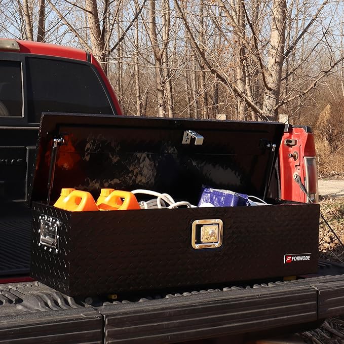 FORWODE 39 Inch Aluminum Truck Tool Box Lockable Truck Bed Tool Box Waterproof Truck Bed Storage Box with Gas Struts & Side Handle Truck Tool Chest for Pickup, Truck Bed, RV, Trailer & Garage (Black)