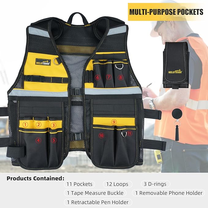 MELOTOUGH Tool Vest Reflective Safety Tool Vest with Removable Phone Holder,Retractable Pen Holder for Handyman,Electrician,Carpenters(Yellow)