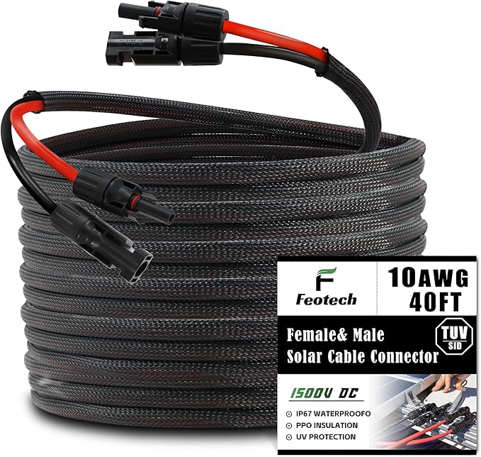 Twin Wire 40FT Solar Extension Cable - 10AWG (6mm²) Solar Panel Connector, with 6 Pairs-IP67-Male/Female Solar connectors for Outdoor Automotive RV Boat Marine Solar Panel- Black & Red