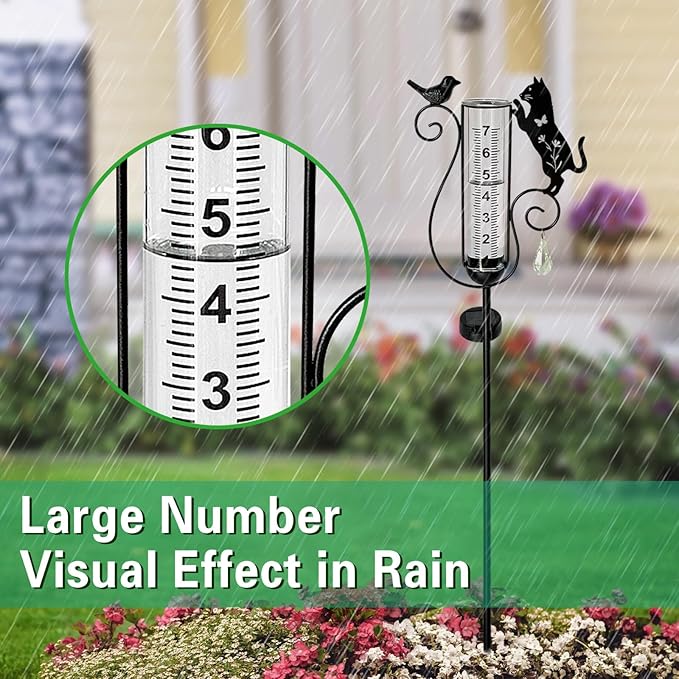 Outdoor rain Gauge Accurate Outdoor rain Gauge Garden rain Gauge with Black Kitten and Bird Solar Light Stake Decorative rain Gauge for Garden Patio Lawn with Large Numbers 37 in Tall