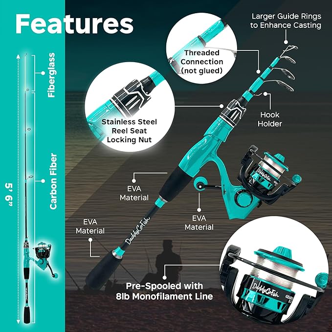 DaddyGoFish Spinning Fishing Rod and Reel Combo Set with Tackle Box | Kids Fishing Pole | Carbon Fiber Telescopic Fishing Rod Kit | Spinning Reel for Travel Saltwater Freshwater Fishing Gear Kit