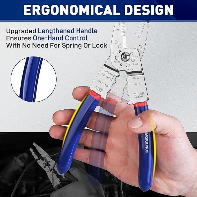 WORKPRO Wire Strippers Cutter, 8-inch Long Nose Wire Stripping Tool, Stainless Steel Wire Crimping Tools & Pliers, Multi-Function Hand Tool, Cuts 10-22 AWG