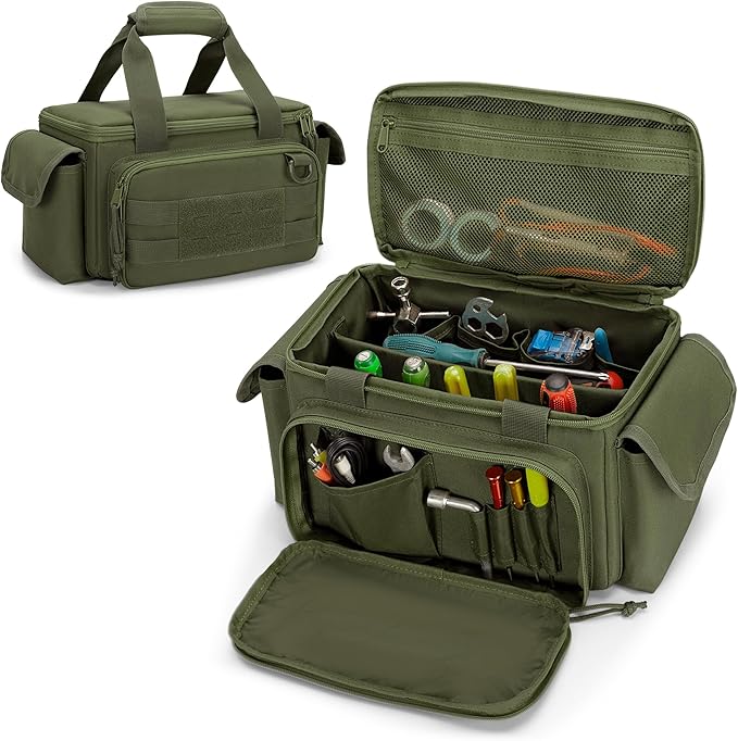 Small Tool Bag with Anti-friction and Thick Padded Bottom, Tool Storage Organizer for Men, Tactical Range Bag, Multi-functional Work Bag for Repairman, Electrician, Carpenters (Green)