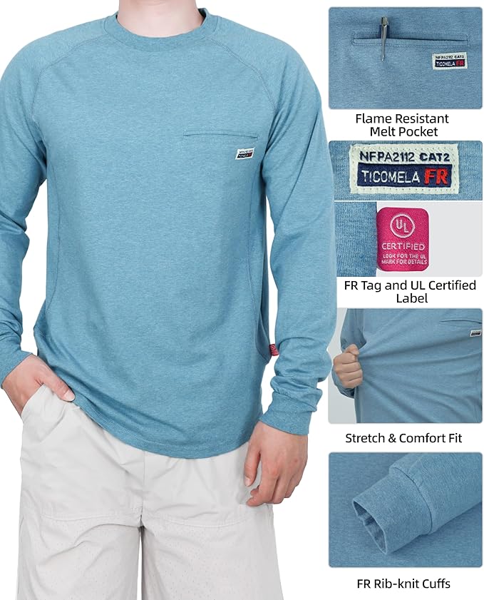 TICOMELA FR T-Shirt, Flame Resistant, Stretch Fit, Hidden Pocket, 6oz Crew Neck Work Shirt for Men 100% Cotton