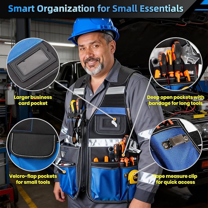 Electrician Tool Vest, Tool Vest for Men, Tool Vest Electrician with Drill Holster, 17 Storage Spaces, 1680D Heavy Duty Adjustable Work Vest with Reflective Strips, Blue
