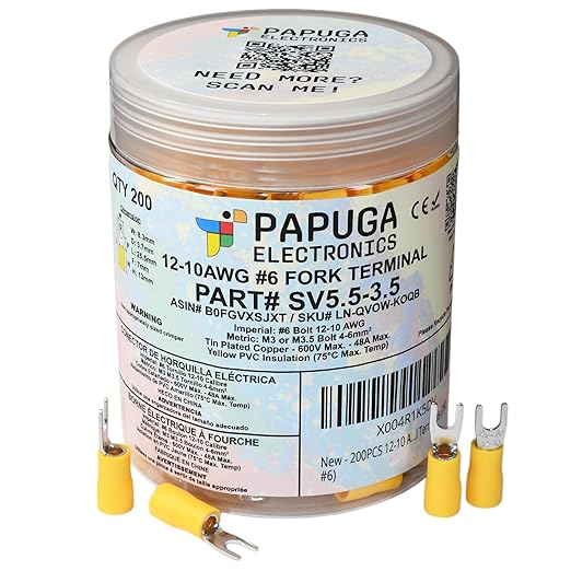 PAPUGA 200PCS 12-10 AWG (4-6 mm2) #6 / M3.5 Insulated Fork Spade Crimp Connector, 600V 48A, CE RoHS Battery Cable Lug Heavy Duty Crimp Connector, Appliance & HVAC