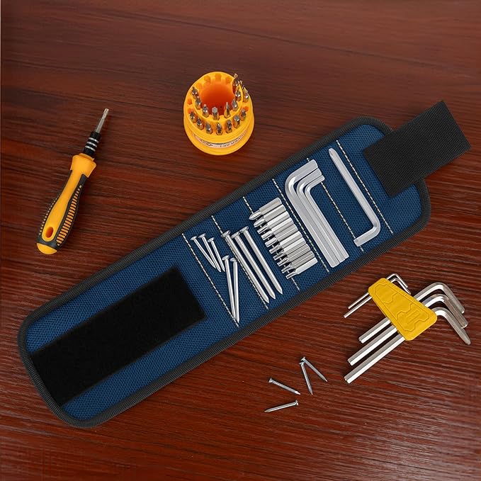 2PC Magnetic Wristband, 5-Row Strong Magnets for Holding Screws, Nails, Drill Bits, Tools Organizer for Craftsmen, Construction, Great Gift for Dad, Men (Blue)
