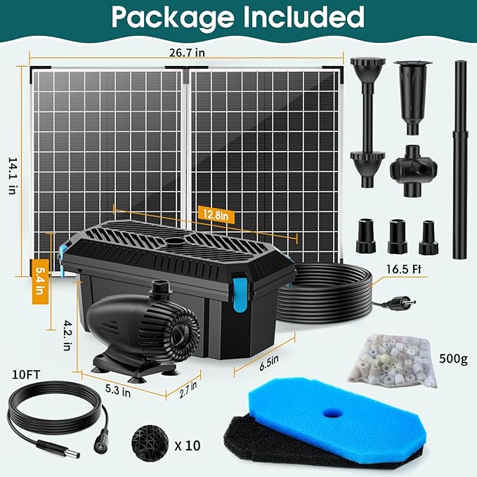 Antfraer 55W Solar Pond Filter, Solar Fountain Pump with Pond Filter Kit Adjustable Flow, Pond Filter Box with Filter Medias for Outdoor Ponds Fish Tank Pool Waterfall Koi Pond Water Features