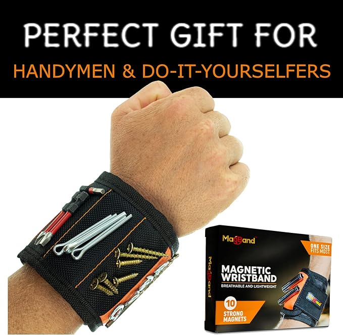 MagBand Magnetic Wristband for Holding Screws, Nails and Drilling Bits - 10 Strong Magnets - Men & Women's Tool Bracelet - Gift Ideas for Dad Husband Handyman or Handy Woman