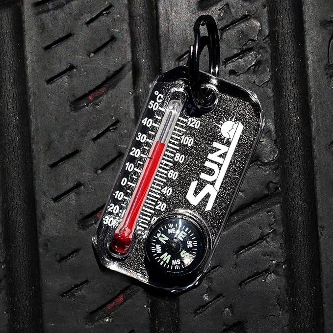 Sun Company Therm-o-Compass | Multi-Functional Zipper Pull Compass & Thermometer with Wind Chill Chart | Ideal for Camping, Hiking, and Outdoor Navigation