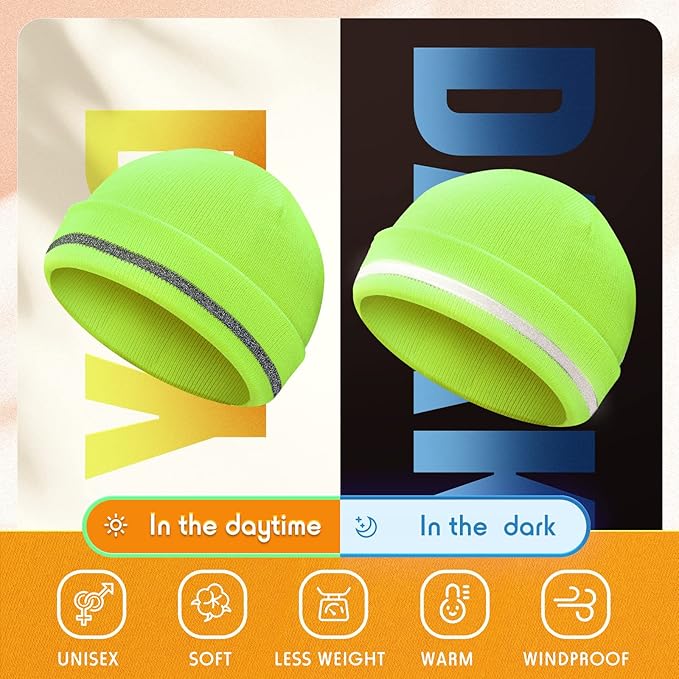 Reflective Knit Hat Safety Beanies Adult High Visibility Beanie Neon Winter Knit Caps with Reflective Stripe