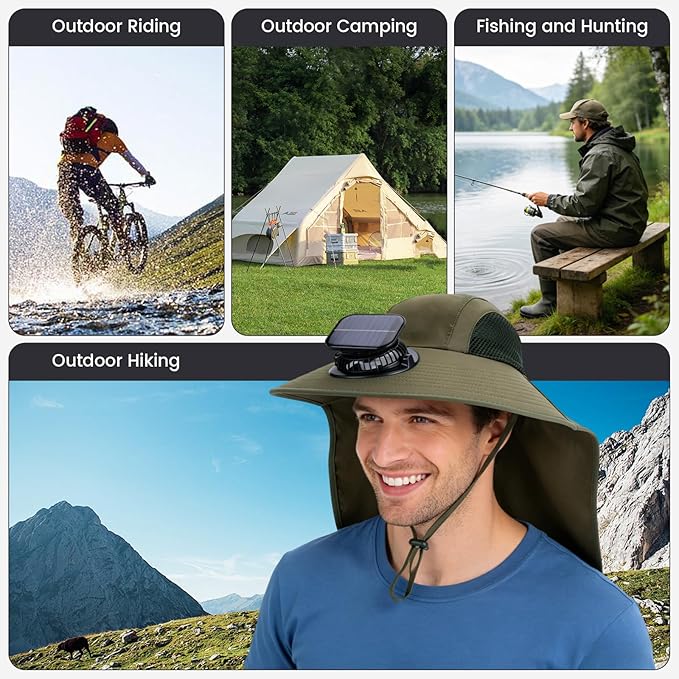 Solar Fan Hat Wide Brim Hat with Fan Sunscreene Neck Flap 3-Speed Outdoor Sun Hat for Fishing,Hiking,USB Solar Charging