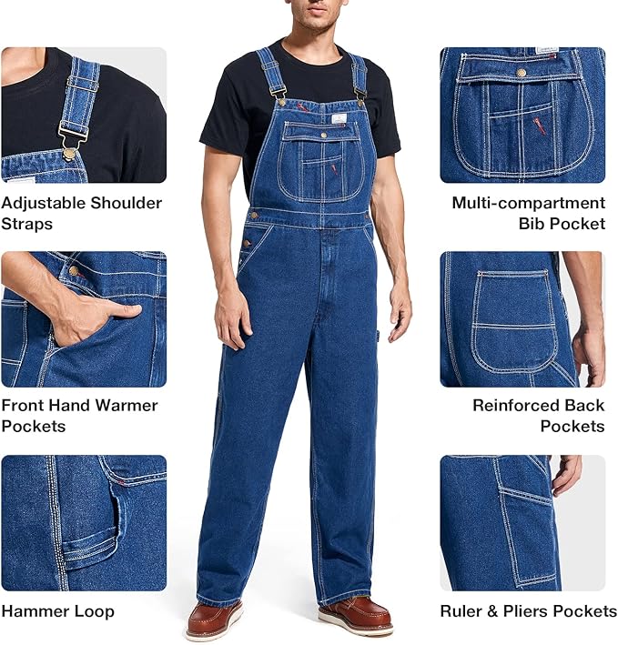 HISEA Men's Denim Bib Overall, Mens Relaxed Fit Overall Midweight Workwear with Adjustable Straps and Convenient Tool Pockets