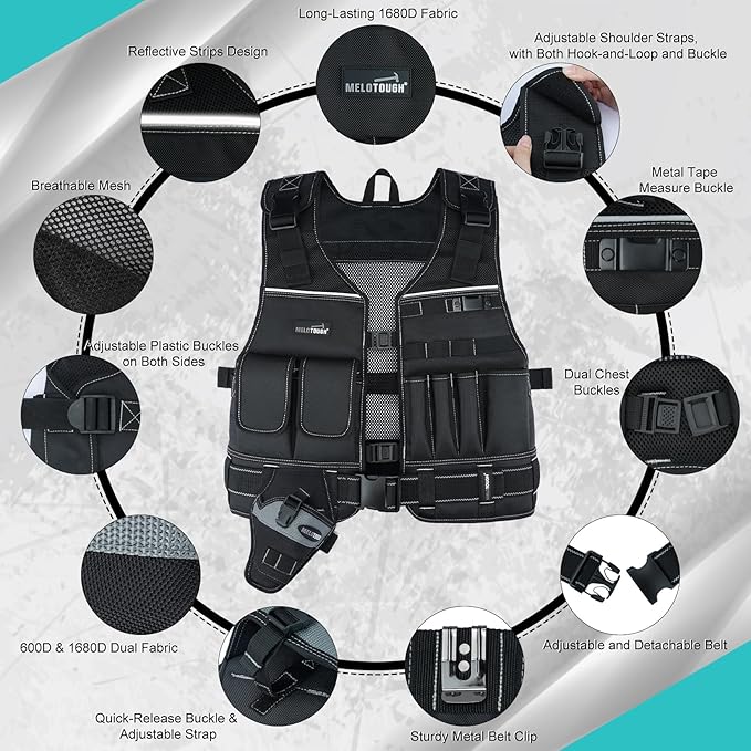MELOTOUGH Tool Vest for Men with Pouches and Belt, Adjustable Multi-Pocket Safety Tool Vest for Electrician, Carpenter(Black)