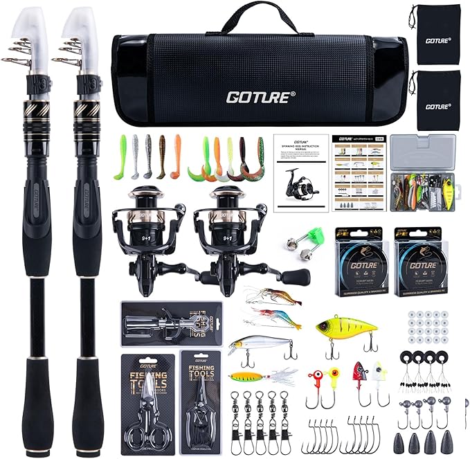 GOTURE Telescopic Fishing Rod and Reel Combos, Carbon Fiber Travel Fishing Pole, 9+1 BB Spinning Reel, Saltwater Freshwater Fishing Gear Kit with Braided Line, Lures, Carrier Bag for Bass Trout
