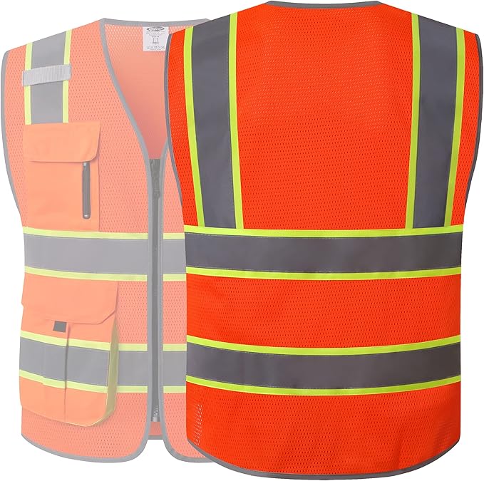 JKSafety 9 Pockets Hi-Vis Mesh Safety Vest for men and women | Chaleco reflectante de seguridad | Zipper Front | Multiple Pockets | Class 2 (140-Orange XXL)