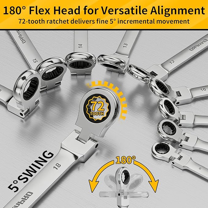 23PCS Flex-Head Ratcheting Wrench Set, Combination Ratchet Wrenches Set Metric and Standard & SAE with Organizer Box, 6-18mm & 1/4" to 3/4" with Color Ring, CRV Socket Mechanic Tools Sets