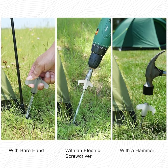 12-Pack Heavy Duty Screw-in Tent Stakes with Drill Adapter – 8 Inch Ground Anchors for Camping, Canopy, Gazebo, Awnings & Outdoor Accessories