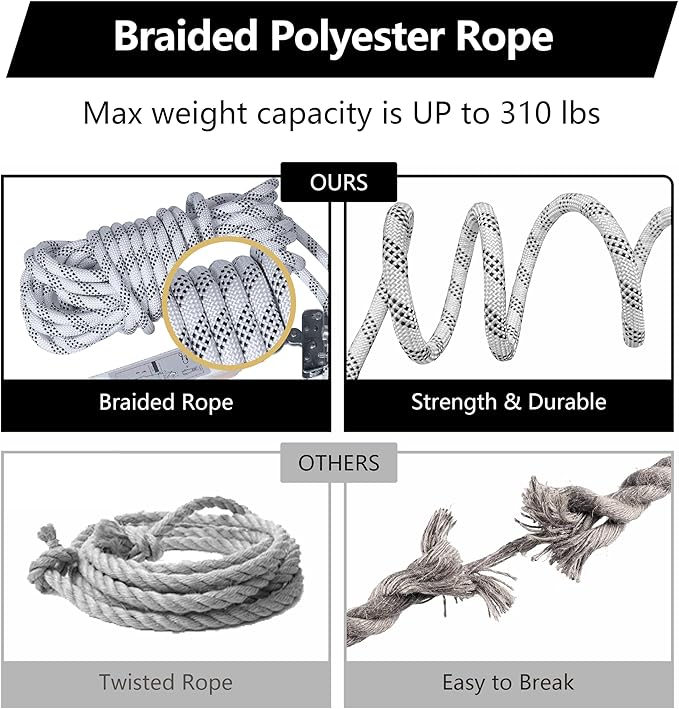 Rope Harness Safety Lanyard, 50ft Vertical Roofing Rope with Grab, Fall Protection Lanyard Tree Climbing Line Kit