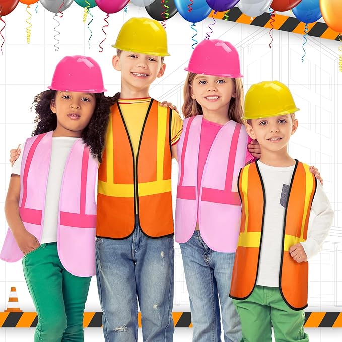 SATINIOR 24 Pcs Construction Birthday Party Supplies Kid Construction Hat and Vest Worker Costume Kids Role Play Dressing up
