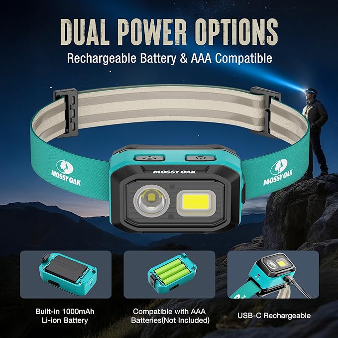 Mossy Oak 600 Lumens LED Headlamp, Dual Power Source, Motion Sensor Head Lamp with Magnetic Base, Stepless Dimming, Memory Mode for Camping, Running, Hiking, Valentine's Day
