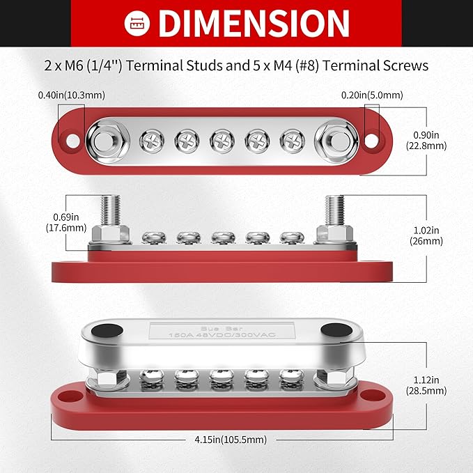 DaierTek 12v Bus Bar 150A Small Battery Power Distribution Block 12 Volt Positive & Negative Terminal Block Busbar 2 x 1/4" Terminal Studs 5 x #8 Terminal Screws with Cover for Marine Automotive Car