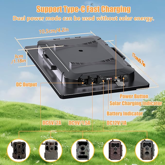 Trail Camera Solar Panel,6W Solar Battery Charger Kit 6V/2A 9V/1.5A 12V/1A with 6000mAh Battery for Hunting Camera,IP65 Waterproof Hunting Accessory,1.7/2.1/1.35mm DC Connectors for Trail Cam
