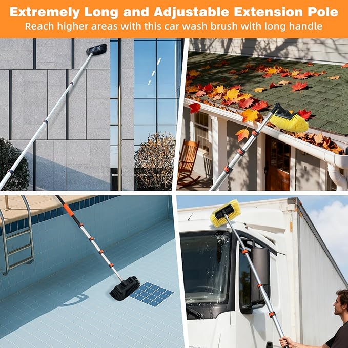 20FT Car Wash Brush with Long Handle Hose Attachment Telescopic Pole with Angle Adapter 12" Soft and Hard Bristle Cleaning Brush for Car Truck RV House Floor Window Roof Pool Solar Panels