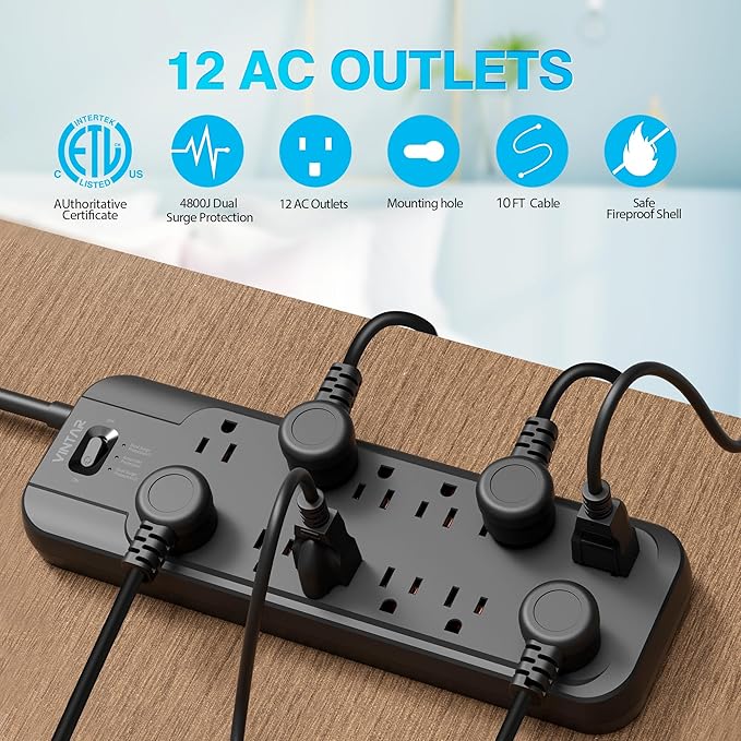 VINTAR Power Strip Surge Protector with 12 AC Outlets, 1875W Output, 10FT Long Extension Cord Flat Plug with Dual Surge Protection (2 × 4800 Joules) for Office, Home, ETL Listed, Black