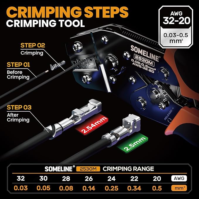 SOMELINE Crimp Tool Connector Kit, JST-XH 2.5mm and Dupont 2.54mm Connector Set, 21 Types of Connectors, 30-20 AWG Ratcheting Crimper for JST Series,KF2510,Molex,AMP EI Series