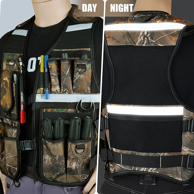 MELOTOUGH Tool Vest for Men Reflective Safety Tool Vest with Adjustable Straps,Removable Phone Holder for Electrical,Carpenters,Construction(Camo)