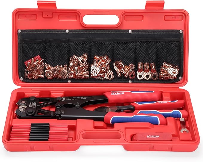 iCrimp Battery Cable Lug Crimping Tool Kit for 8-1/0 AWG - 63pcs Copper Lugs & 25pcs Heat Shrink Tubes, Wire Cutter & Stripper