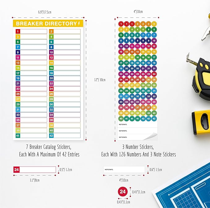 10 Sheets Breaker Panel Labels & 3 Number Stickers, Colorful Waterproof Durable Self-Adhesive Electrical Number Directory Load Center Stickers