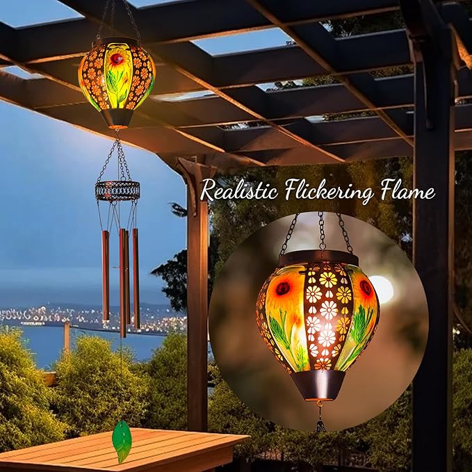 Solar Wind Chimes for Outside,Sunflower Hanging Wind Chime,LED Solar Lanterns Windchimes,Memorial Wind Chimes for Mom Women,Outdoor Wind Chime Deep Tone,Sunflower Windchime for Garden Yard