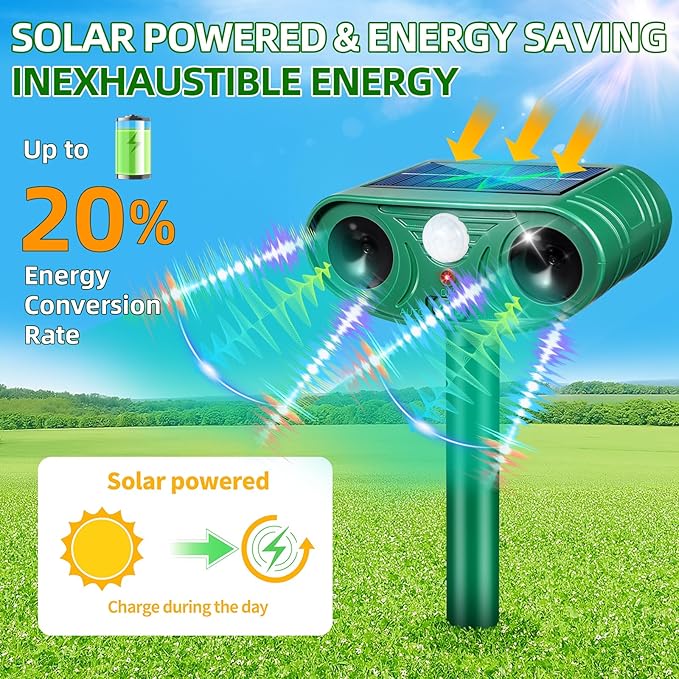 2026 Solar Animal Repellent Outdoor&Cat Repellent Outdoor with Motion Deer Repellent Devices Ultrasonic Cat Deterrent Fox Raccoon Squirrel Rabbit Coyote Deterrent for Farm Orchard Garden 2 Pack