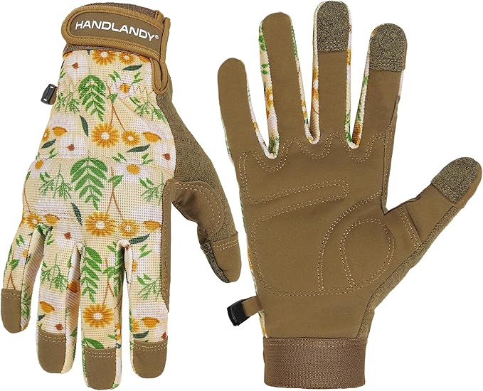 HANDLANDY Work Gloves for Women, Breathable Leather Gardening Glove for Yard Maintenance, Hand Protection with Touch Screen