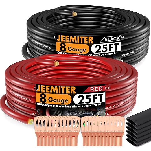 Jeemiter 8 AWG CCA Wire Kit - 50ft Total (25ft Red & 25ft Black) | Complete Power & Ground Cable for Car Audio, Solar, RV | with Lugs & Heat Shrink Tube
