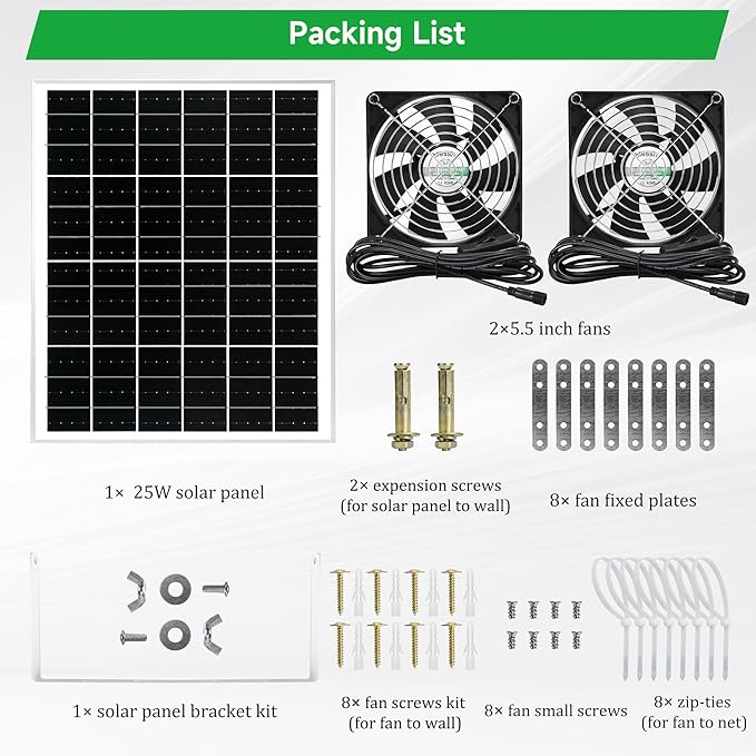 5.5" Solar 2 Fan Kit for Intake or Exhaust air, Weatherproofed Solar Powered Fans for Outside Chicken Coops, Greenhouses, Shed, Pet House Air Ventilation