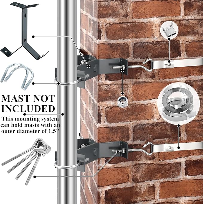 Blulu 2 Set TV Chimney Antenna Y-Mount Kit 18ft Galvanized Steel Straps Stainless Steel 4 Inch Standoff Pole Mast Bracket Wall Mounting Heavy Duty for Cb Ham Home Outdoor Weather Station