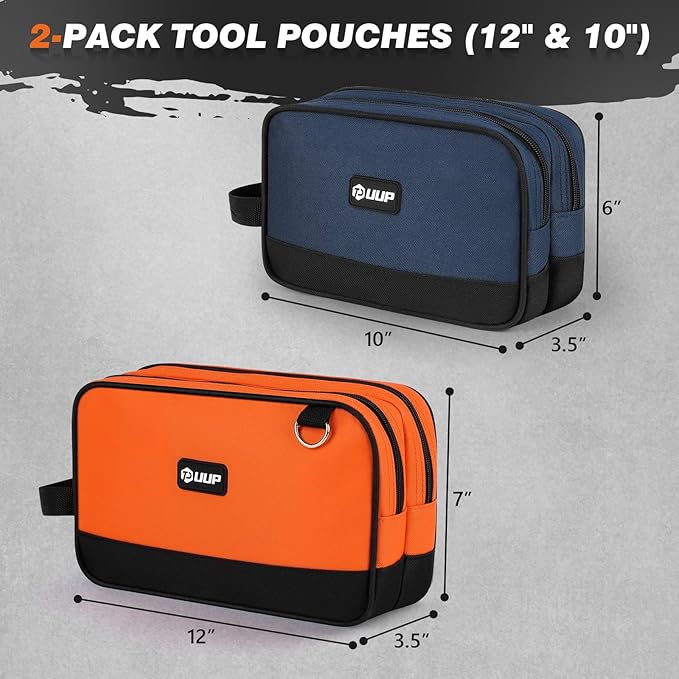 12 10" Small Tool Bag 2 Pack, Zipper Tool Pouch 2 Compartments, Utility ToolBag with Carrying Handle, Toolbox Organization, Screwdriver Storage Tool Box, Mechanic Men Dad Gifts, Orange/Green