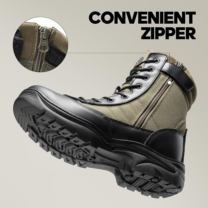 NORTIV 8 Men's Military Tactical Work Boots Side Zipper Leather Motorcycle Combat Boots Trooper