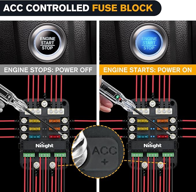 Nilight 6 Way Fuse Relay Block with Acc Control Negative Bus 12V Blade Holder ATC/ATO Box Label Stickers Waterproof Cover Panel for Automotive Cars Motorcycle RVs Vans