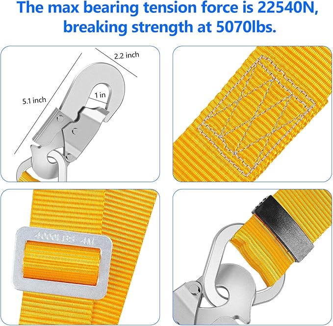 NTR Fall Protection Lanyard, Safety Belt Adjustable, 4-6 Feet Outdoor Tree Climbing Belt Restraint Lanyard with Large Snap Hooks, Yellow
