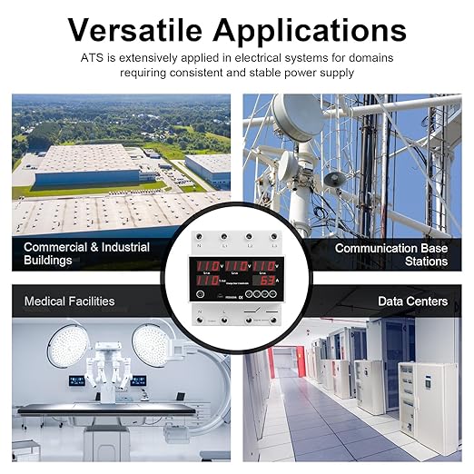 One-Click Setup Automatic Transfer Switch with Priority Phase L1＞L2＞L3, 4P 63A 110V 40/50/60/70Hz ATS Electrical Selector Switch Generator Changeover Switch V/A Protector Din Rail Mount