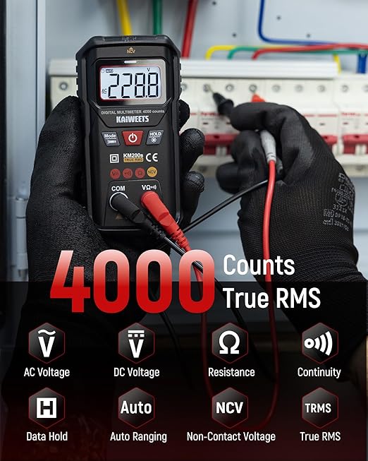 KAIWEETS KM200s Smart Digital Multimeter True RMS, 4000 Counts, Auto Ranging Voltmeter, NCV Non-Contact Voltage Detector, Measure AC/DC Voltage, Resistance, Diode, Continuity