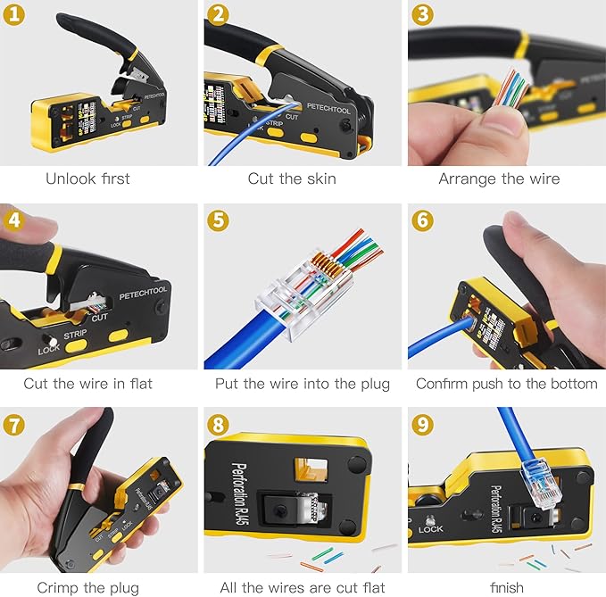 RJ45 Crimp Tool Pass Through Cat5e Cat6 Ethernet Crimping Tool All-in-one Crimper Cable Stripper Cutter For RJ45 Connectors And RJ11/RJ12 Standard Data Cable Plugs
