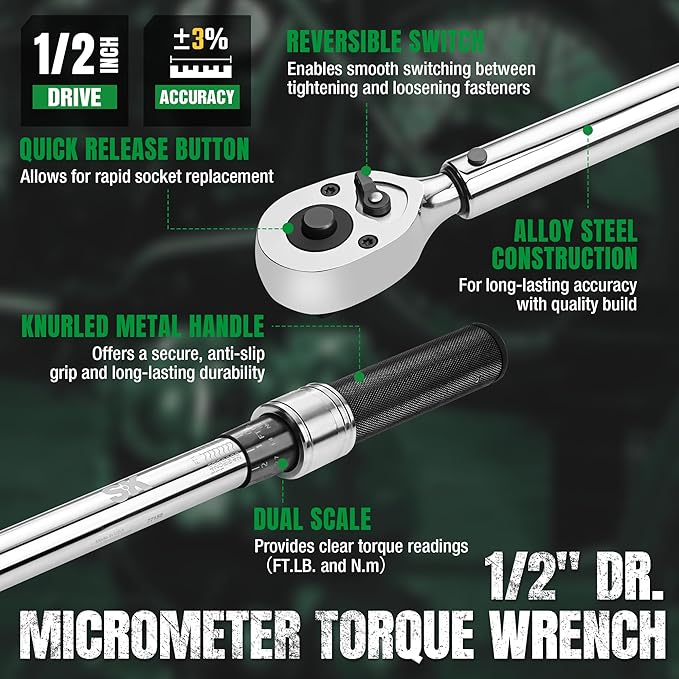 SK TOOLS USA 1/2" Drive Micrometer Torque Wrench, Dual Direction Adjustable Torque Wrench with Dual Range Scales, 20-150 ft.lb./34-197 N.m, ±3% High Precision