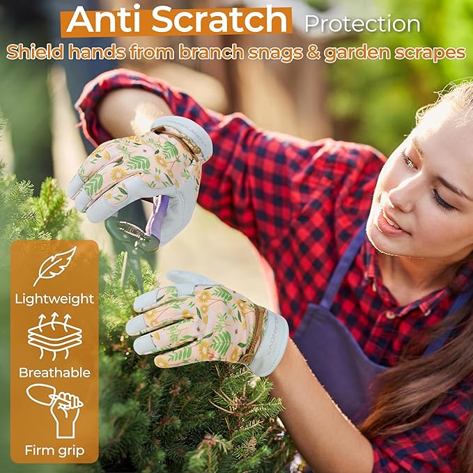 HANDLANDY Work Gloves for Women, Breathable Leather Gardening Glove for Yard Maintenance, Hand Protection with Touch Screen