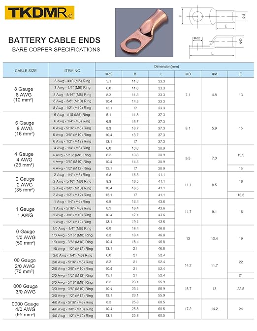 TKDMR 6pcs 4 AWG-3/8 Battery Lugs,Heavy Duty Wire Lugs,Ring Terminals,Battery Cable Ends,0 Guage terminals,Battery Terminal Connectors with 6pcs 3:1 Heat Shrink Tubing